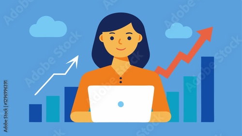 Smart Investing A woman analyzing charts on her laptop with graphs and arrows indicating rising stocks. She has a confident expression highlighting her knowledge in investing.