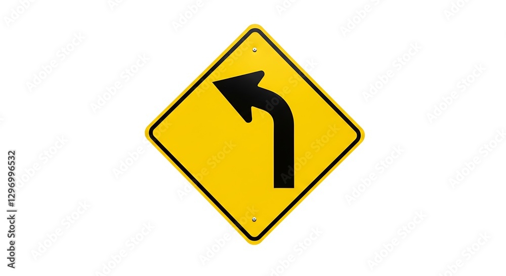 A sharp turn warning sign in yellow with a right-curving arrow, placed on a white background A sharp turn warning sign in yellow with a right-curving arrow, placed on a white background