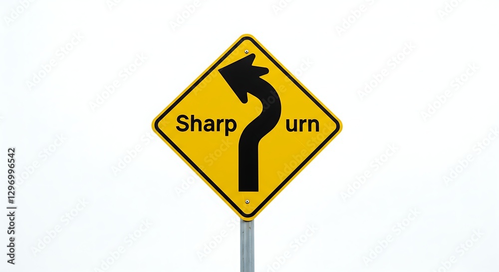 A sharp turn warning sign in yellow with a right-curving arrow, placed on a white background A sharp turn warning sign in yellow with a right-curving arrow, placed on a white background