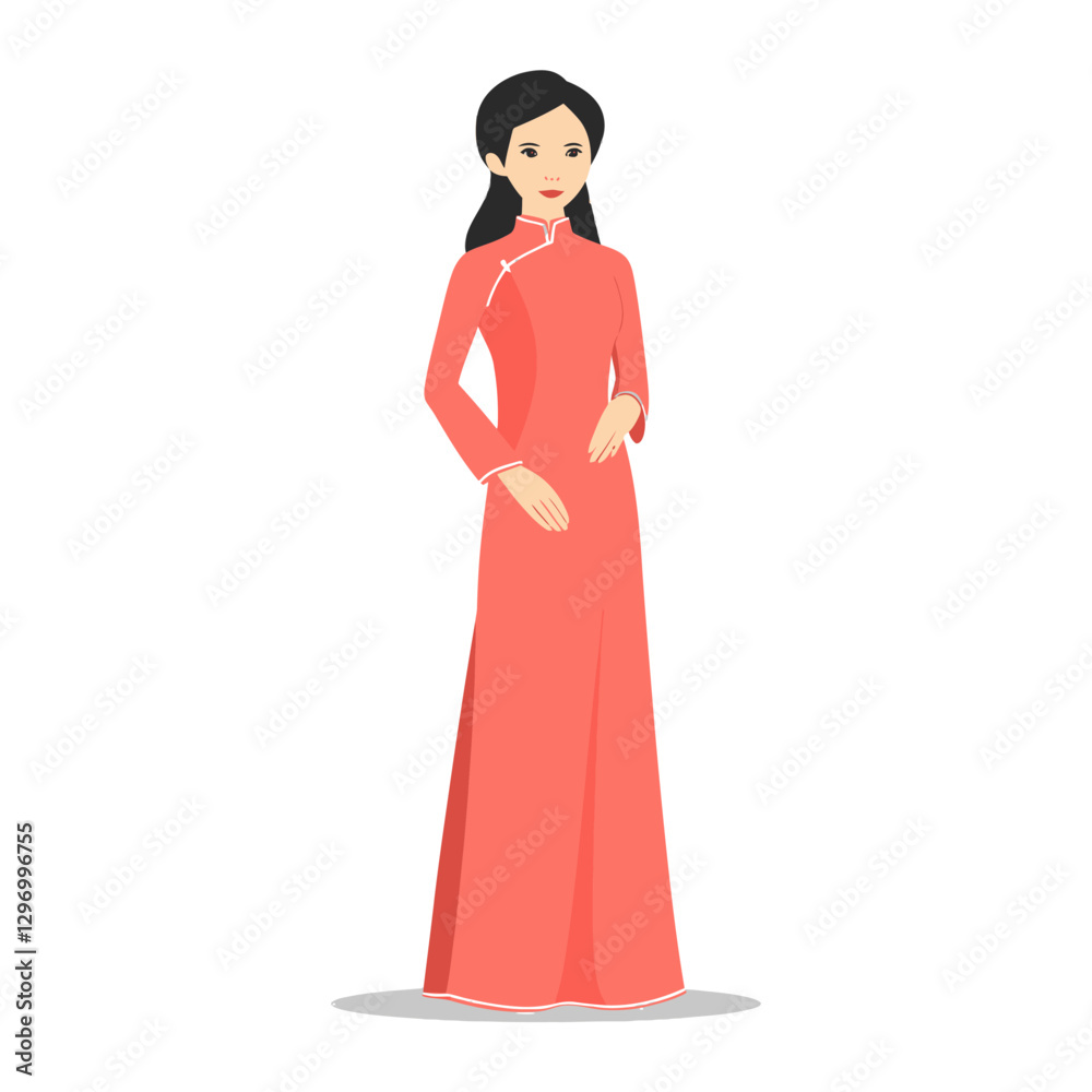 A Woman Stands Elegantly Wearing A Long Traditional Style Dress A Woman Stands Elegantly Wearing A Long Traditional Style Dress