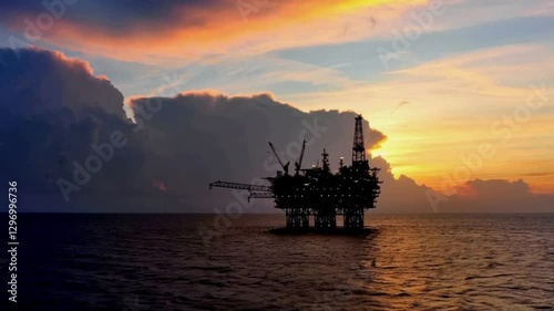 Sunset Offshore Oil Rig: Industrial Silhouette Against Vibrant Sky