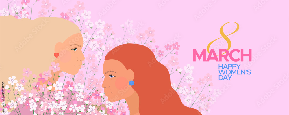 Beautiful women's with delicate flowers on a pink background. Greeting banner for 8 March. Beautiful women's with delicate flowers on a pink background. Greeting banner for 8 March.