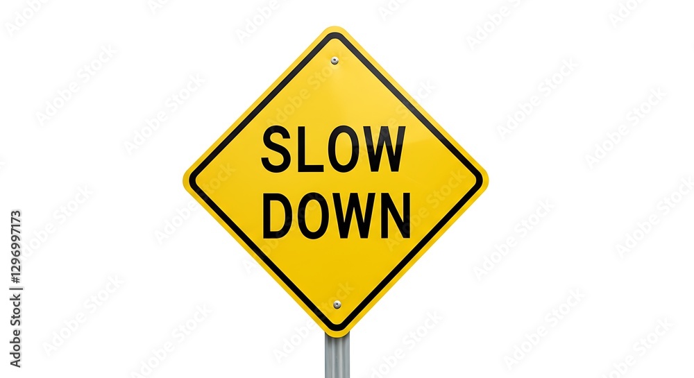 A slow down sign in yellow with bold black letters, placed on a plain white background. A slow down sign in yellow with bold black letters, placed on a plain white background.