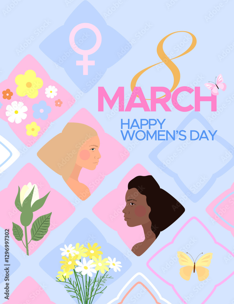 Flowers, butterfly and women's on a colorfull blocks. Vector card for 8 March. Flowers, butterfly and women's on a colorfull blocks. Vector card for 8 March.