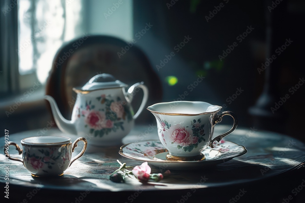 Elegant tea set with floral patterns on a wooden table Elegant tea set with floral patterns on a wooden table
