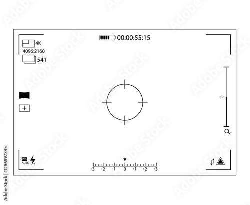 Video finder or snap shoot frame camera, shutter screen, capture viewfinder, flash aperture, equipment editing photography, photo and camcorder, cinematic preview camera shooting vector illustration