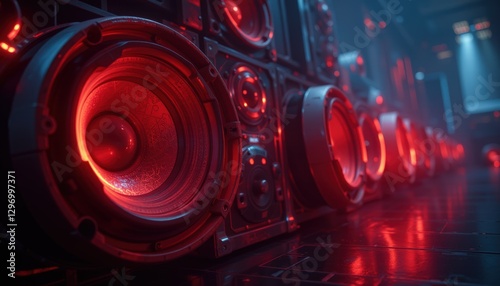 Line of Red Illuminated Speakers on a DJ Booth with a Futuristic Look