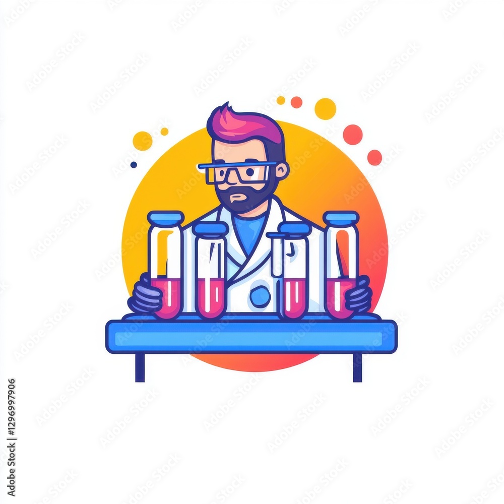 A male scientist with glasses and colorful hair is analyzing test tubes filled with pink liquid. A male scientist with glasses and colorful hair is analyzing test tubes filled with pink liquid.