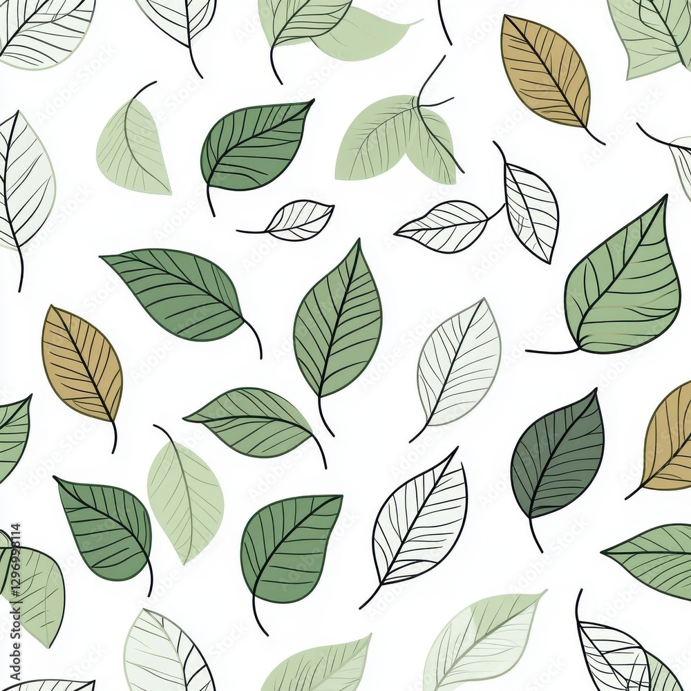A vibrant pattern featuring a variety of hand-drawn leaves in green and earthy tones on a white background. A vibrant pattern featuring a variety of hand-drawn leaves in green and earthy tones on a white background.