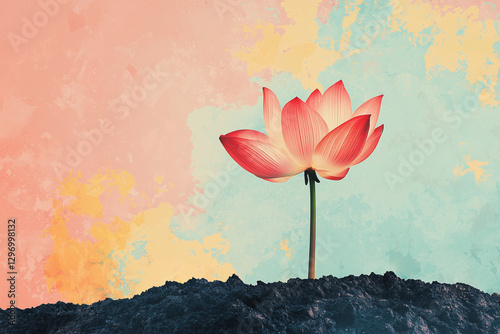 Beautiful and delicate red orange lotus flower on pastel colorful background with copy space. Minimal concept 