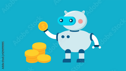Robot Hand Sending Coins to Piggy Bank A friendly robot hand reaching out with coins and placing them into a cartoon piggy bank below symbolic of automated savings.