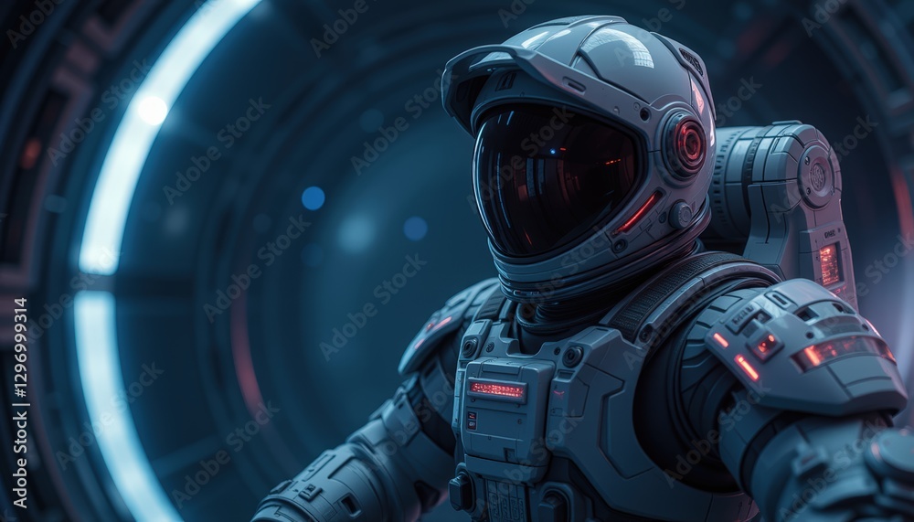 Astronaut in a futuristic space suit with glowing red lights and a space station in the background Astronaut in a futuristic space suit with glowing red lights and a space station in the background