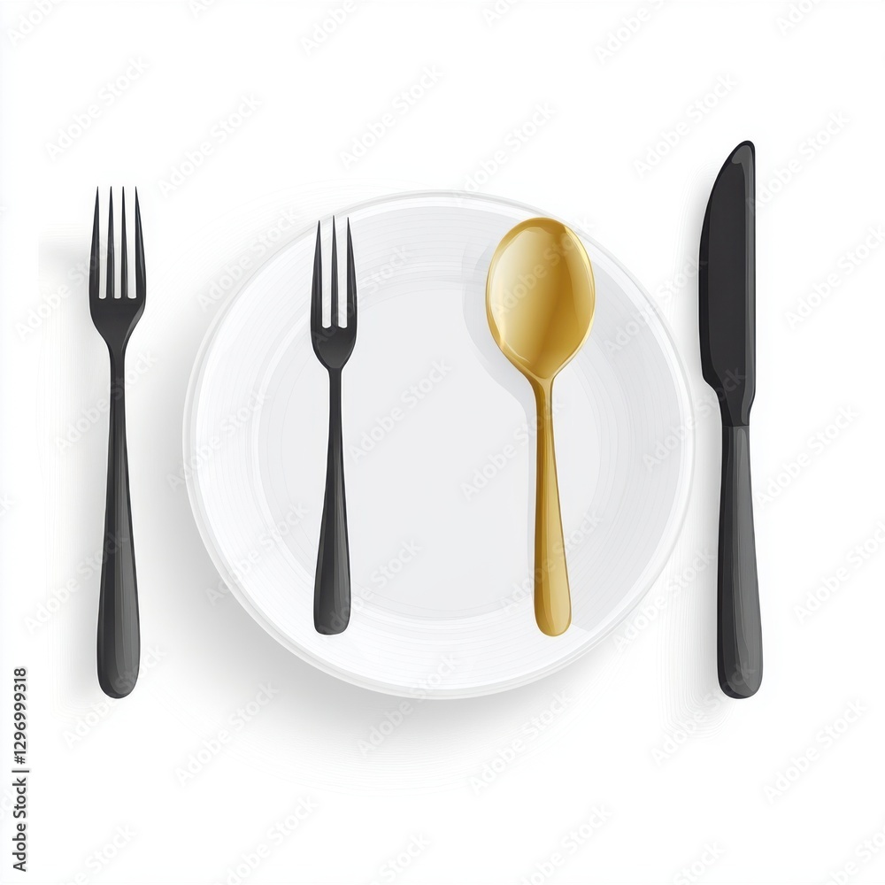 Elegant table setting with black and gold utensils on a simple white plate. Elegant table setting with black and gold utensils on a simple white plate.