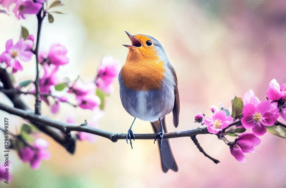Vibrant Songbird Perched on Blossoming Branch Singing Melodious Tune Amidst Colorful Spring Flowers in Soft Focus Background Vibrant Songbird Perched on Blossoming Branch Singing Melodious Tune Amidst Colorful Spring Flowers in Soft Focus Background