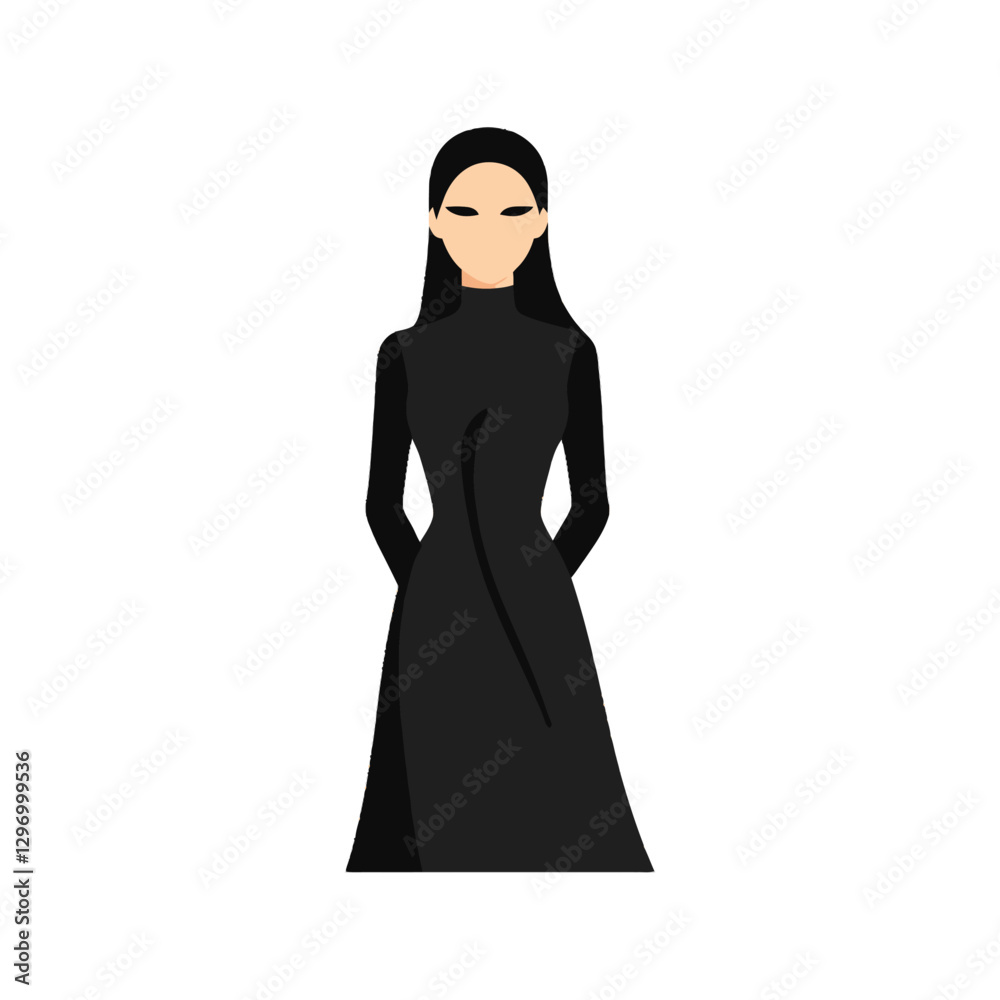Illustration Depicts A Woman In A Long Black Dress