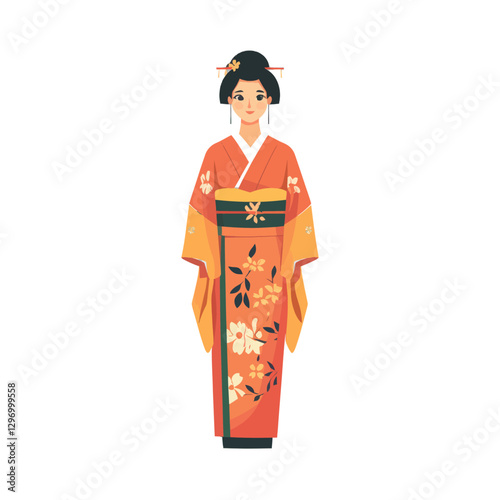 A Japanese Woman In Traditional Attire Is Standing Upright