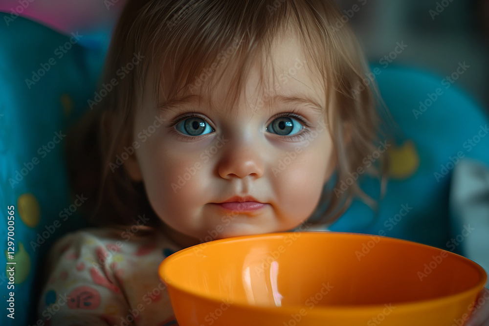 Generative AI image of a cute baby eating food in a highchair with a messy and funny expression Generative AI image of a cute baby eating food in a highchair with a messy and funny expression
