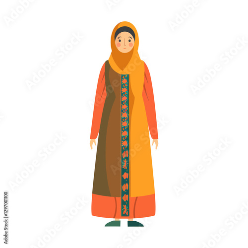 A Standing Female Figure Wearing Traditional Layered Religious Clothing