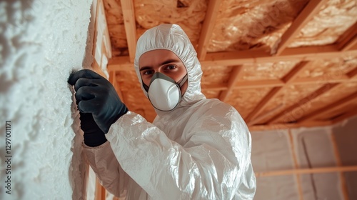 Obraz na płótnie Hazardous Materials: A worker, fully encased in protective gear, diligently inspects a wall within an indoor setting, raising concerns about hazardous materials in the work environment. w salonie