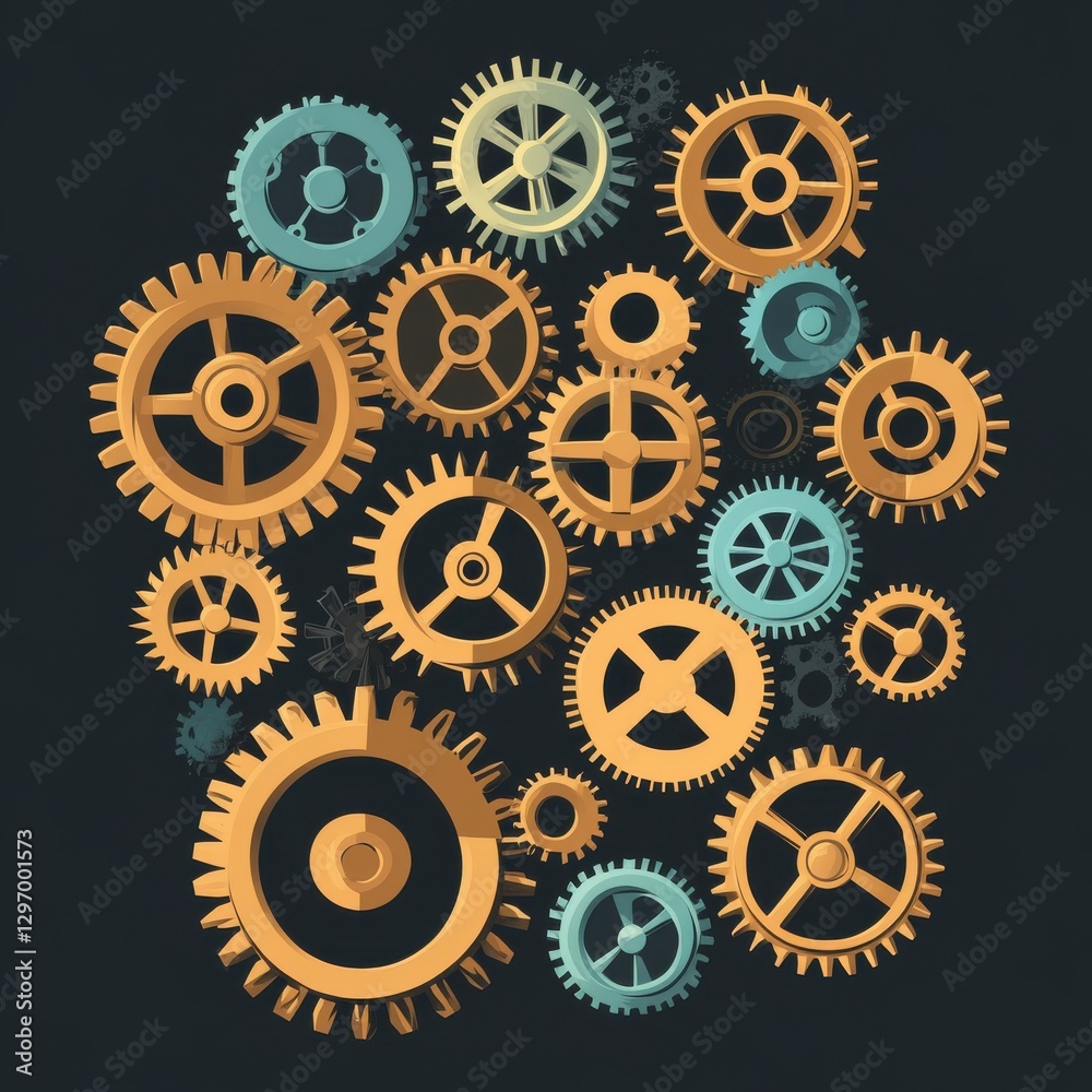 A collection of interlocking gears in various sizes and colors, creating a visually striking mechanical design. A collection of interlocking gears in various sizes and colors, creating a visually striking mechanical design.
