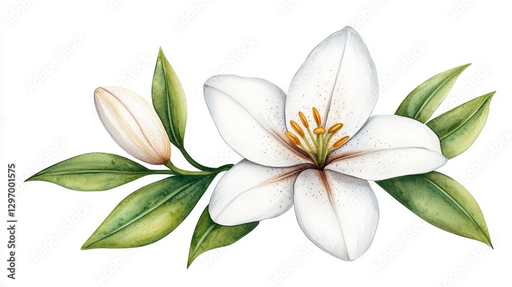 Fototapeta premium Watercolor White Flower with Green Leaves and Bud on White Background