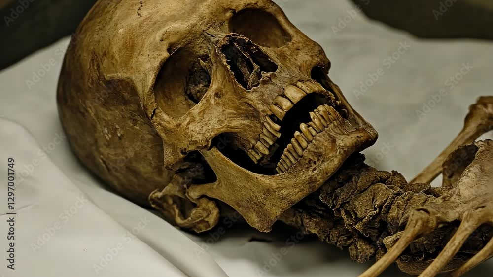 Ancient skeleton discovered in archaeological excavation revealing intricate details of human history and culture
