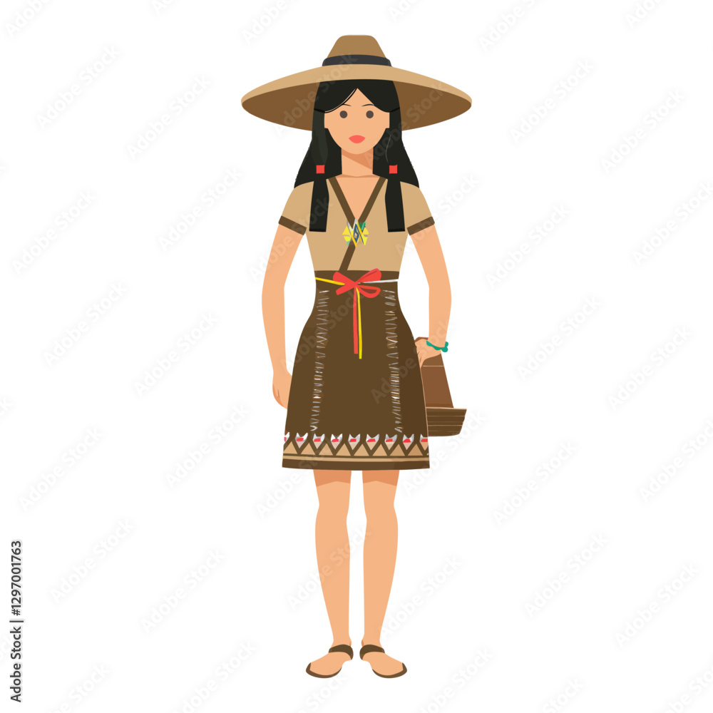 An Illustrated Woman Standing Wearing A Hat And Traditional Clothing An Illustrated Woman Standing Wearing A Hat And Traditional Clothing