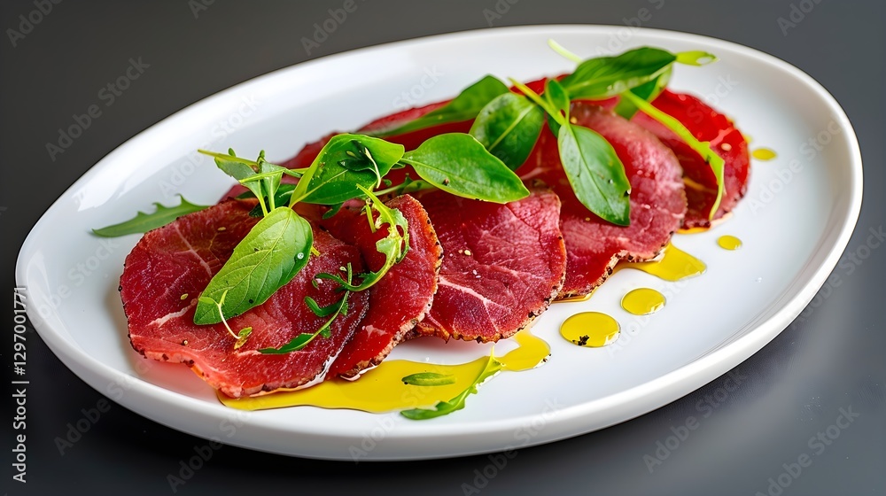 Freshly Sliced Beef Carpaccio with Olive Oil and Green Garnish Freshly Sliced Beef Carpaccio with Olive Oil and Green Garnish