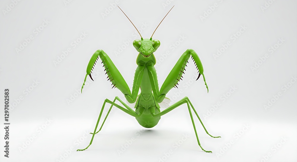A 3D-rendered image of a praying mantis in a defensive stance, its bright green body contrasting against a white background A 3D-rendered image of a praying mantis in a defensive stance, its bright green body contrasting against a white background