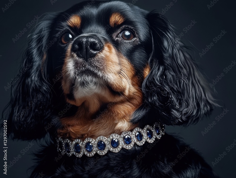 Regal Cavalier King Charles Spaniel wearing an intricate gemstone-encrusted necklace Regal Cavalier King Charles Spaniel wearing an intricate gemstone-encrusted necklace