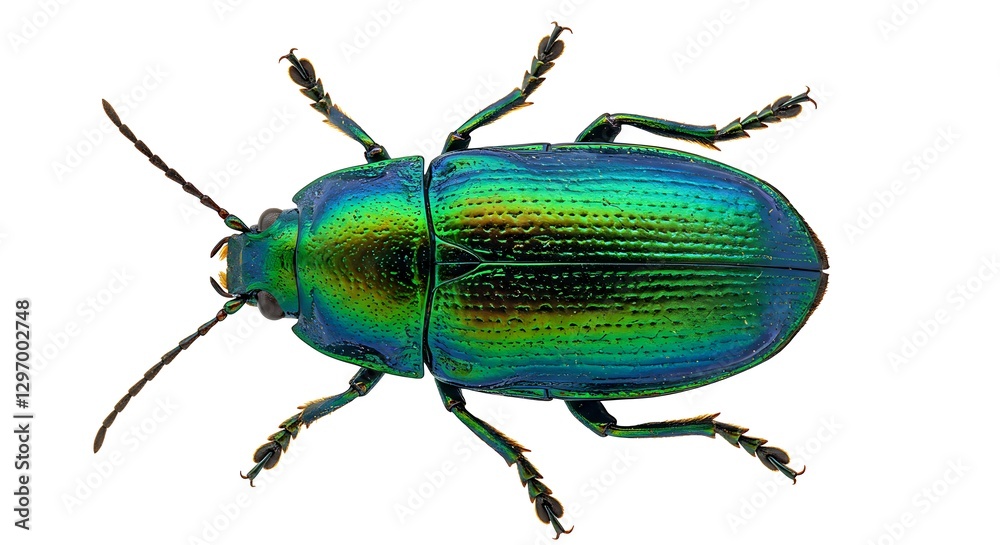 A top-down view of an iridescent jewel beetle, showcasing its metallic green and blue hues, isolated on white A top-down view of an iridescent jewel beetle, showcasing its metallic green and blue hues, isolated on white