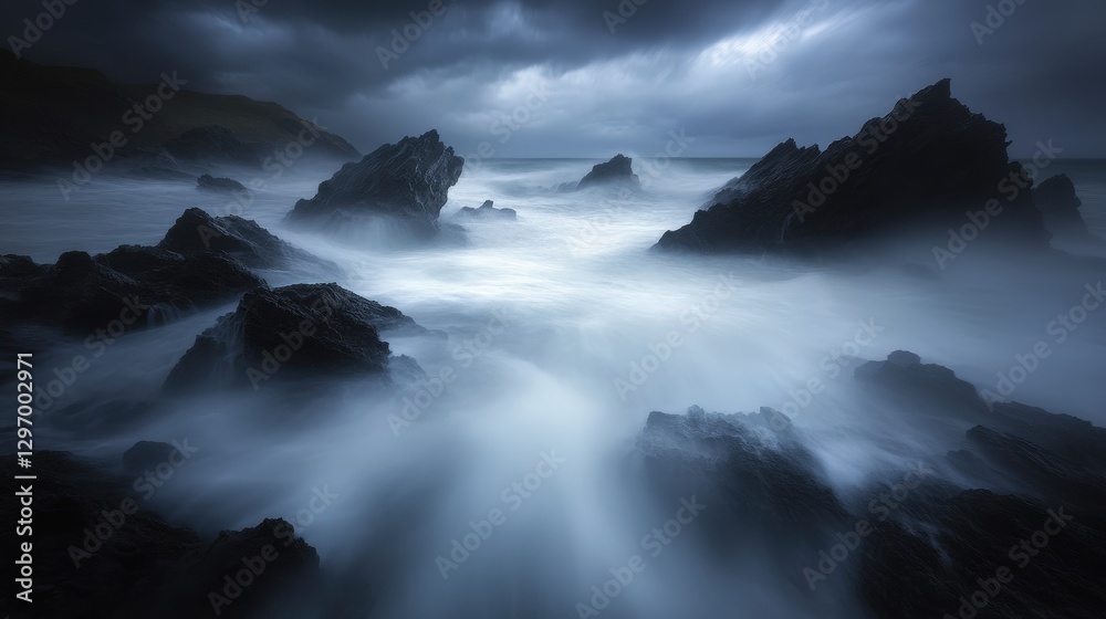 Fototapeta premium Dramatic Black Sand Beach with Massive Basalt Sea Stacks Under Storm