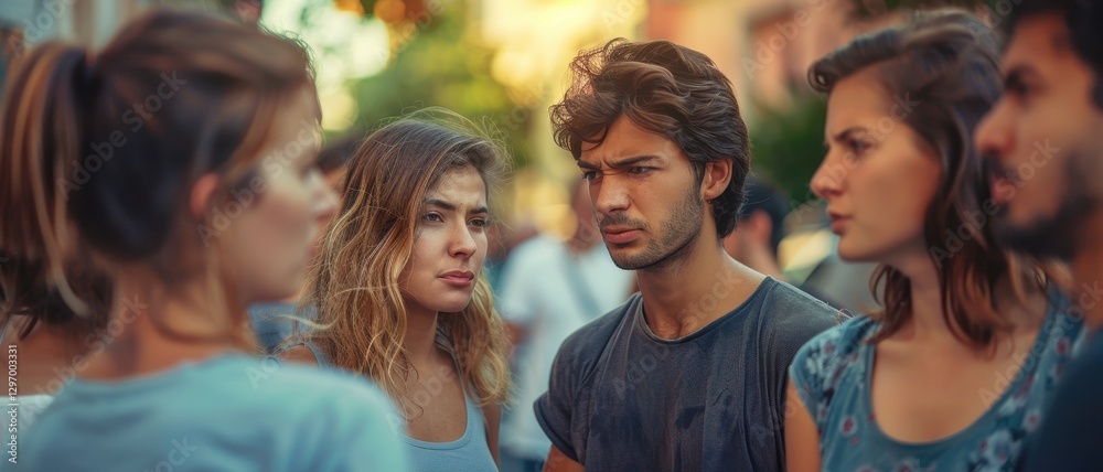 A group of young adults having a serious conversation outdoors, surrounded by a vibrant urban background during a sunny day. A group of young adults having a serious conversation outdoors, surrounded by a vibrant urban background during a sunny day.