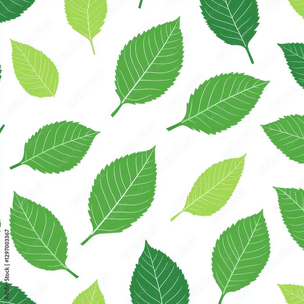 A vibrant pattern of green leaves on a white background, showcasing various shades of green and leaf shapes.