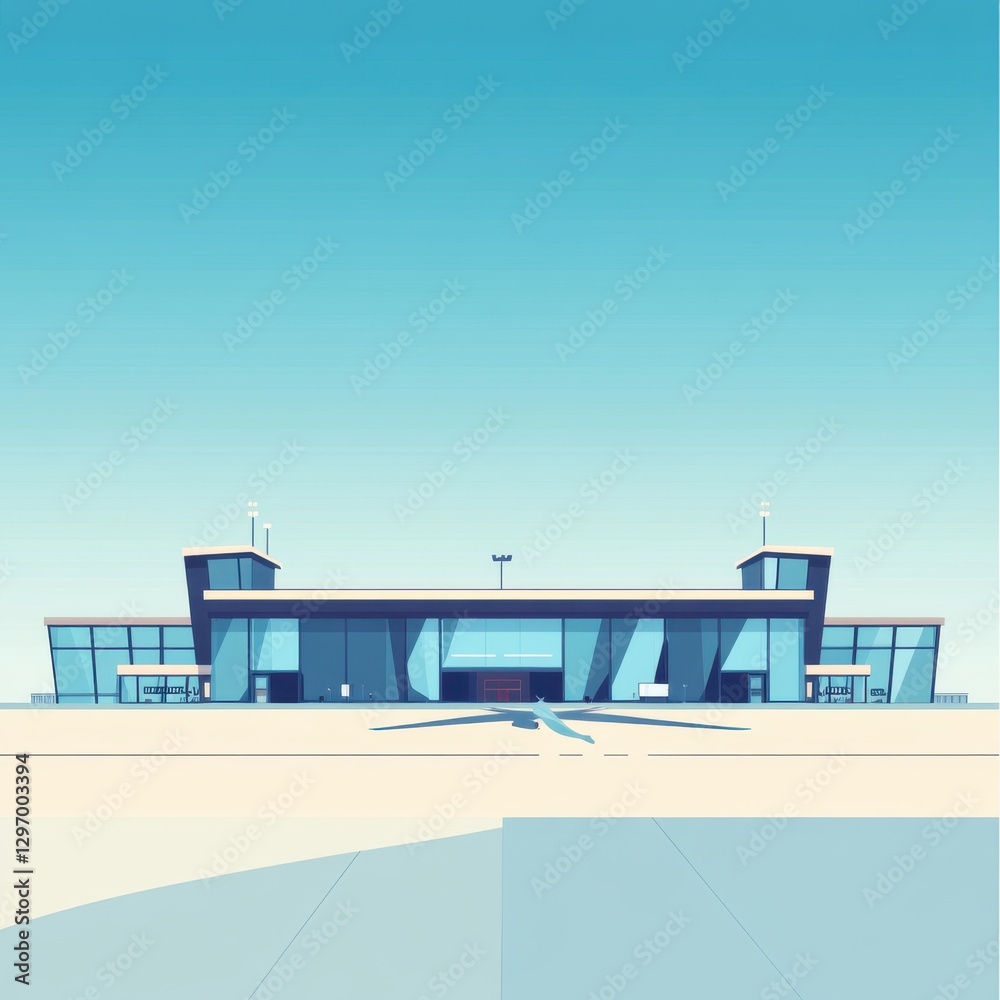 Fototapeta premium Modern airport terminal with sleek design and bright blue skies in the background.