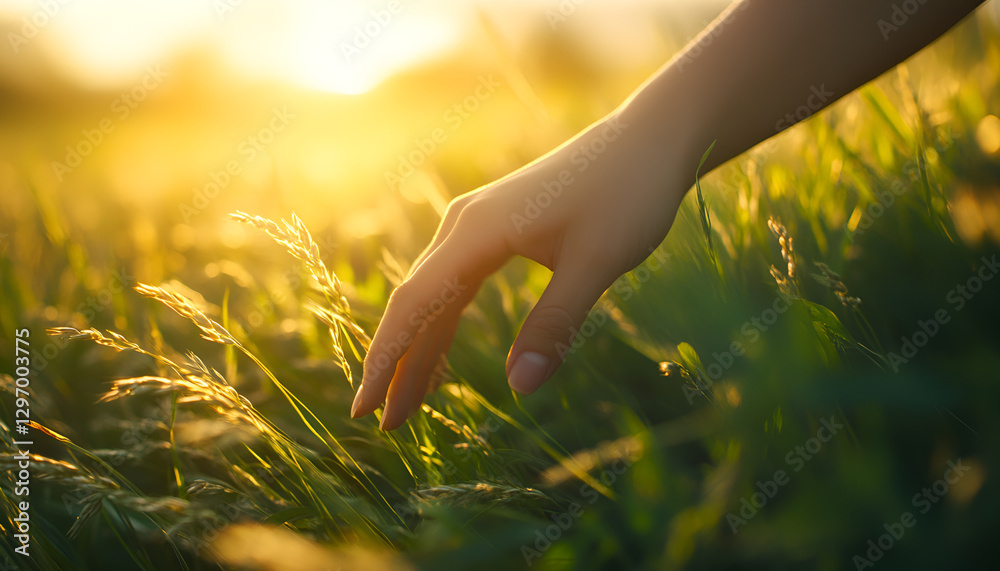 Human man's hand moving through green field of the grass. Male hand touching a young wheat in the wheat field while sunset. Boy's hand touching wheat during sunset Human man's hand moving through green field of the grass. Male hand touching a young wheat in the wheat field while sunset. Boy's hand touching wheat during sunset