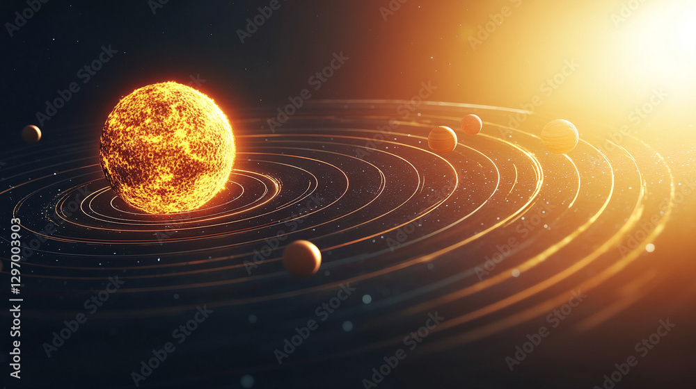 Fototapeta premium A realistic solar system illustration showcasing the sun and its orbiting planets, symbolizing the vastness of space, the interconnectedness of celestial bodies, and the mysteries of the universe.
