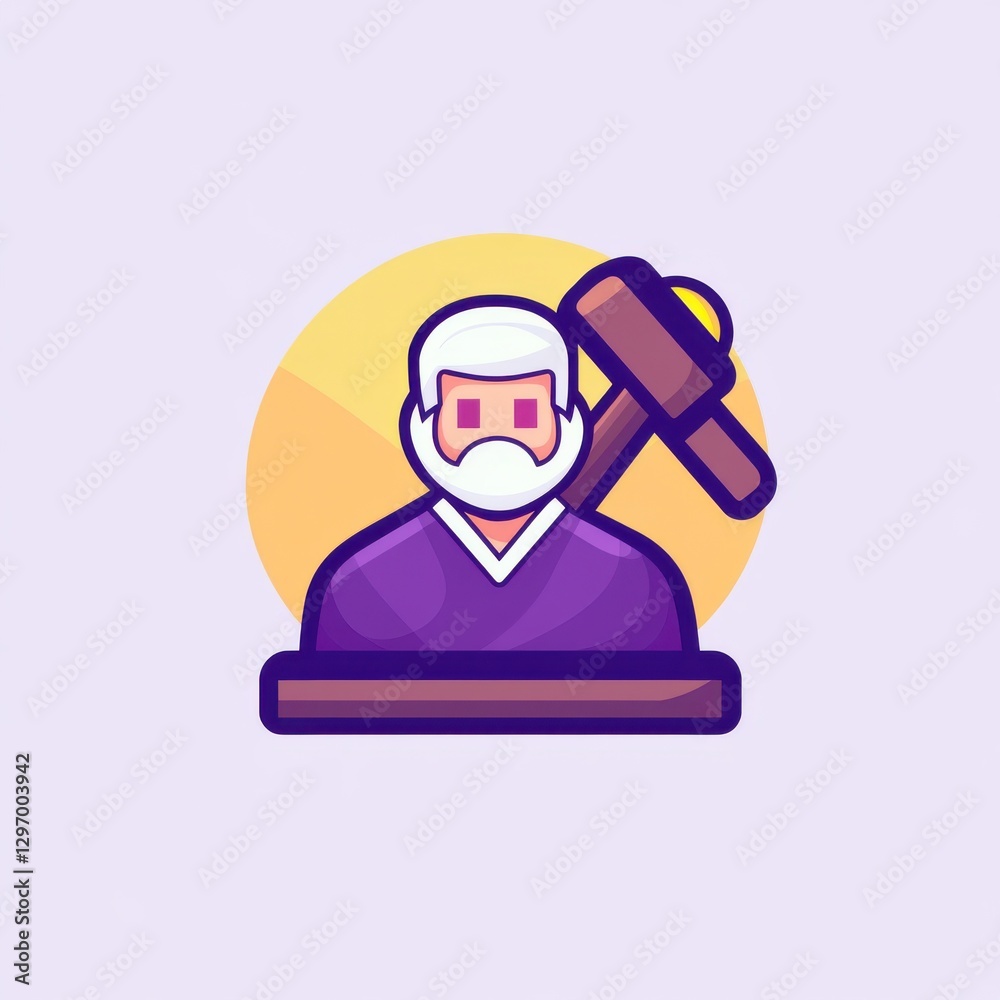 An illustrated elderly man with glasses, gray hair, and a gavel, symbolizing justice and law.