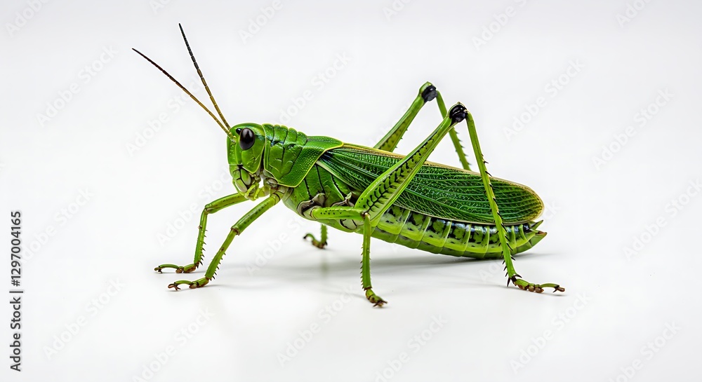 A vibrant green grasshopper perched on an unseen surface, legs ready to jump, isolated on a white background A vibrant green grasshopper perched on an unseen surface, legs ready to jump, isolated on a white background