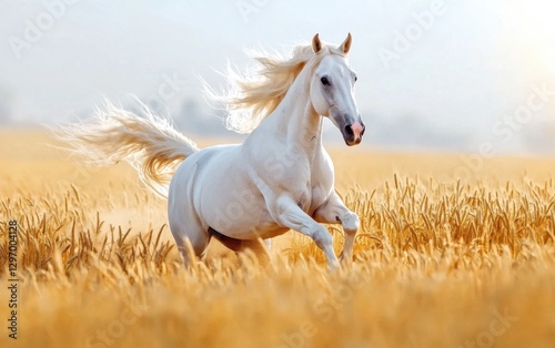 Close up of a majestic white horse running through a golden wheat field, mane flowing in the wind