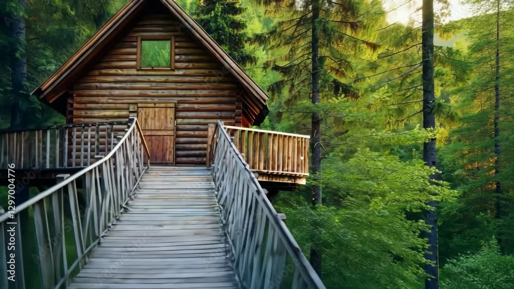 Cozy Cabin Retreat: A charming wooden cabin nestled in a lush green forest, accessed by a rustic wooden bridge, exuding a sense of tranquility and escape.