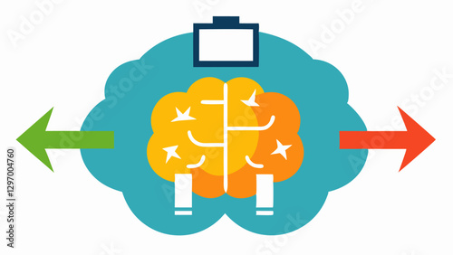 Zapped Energy A brain depicted with a battery icon showing it depleted with arrows pointing from a multitude of decisions to the battery.