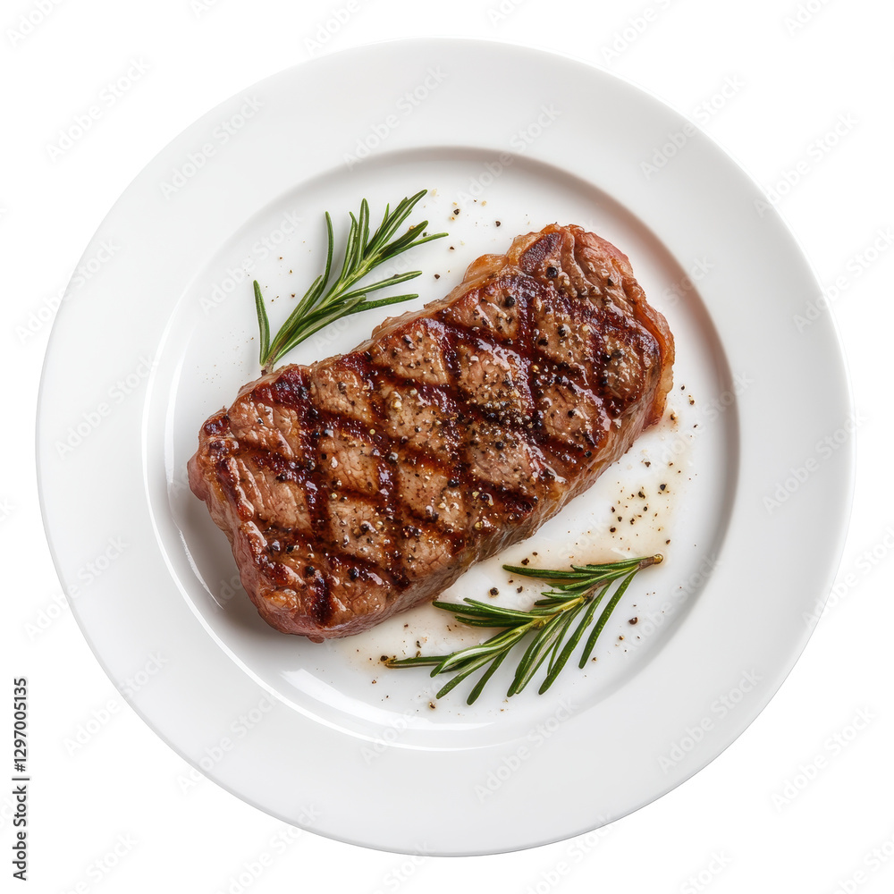 Grilled Steak with Rosemary Garnish on White Plate Grilled Steak with Rosemary Garnish on White Plate