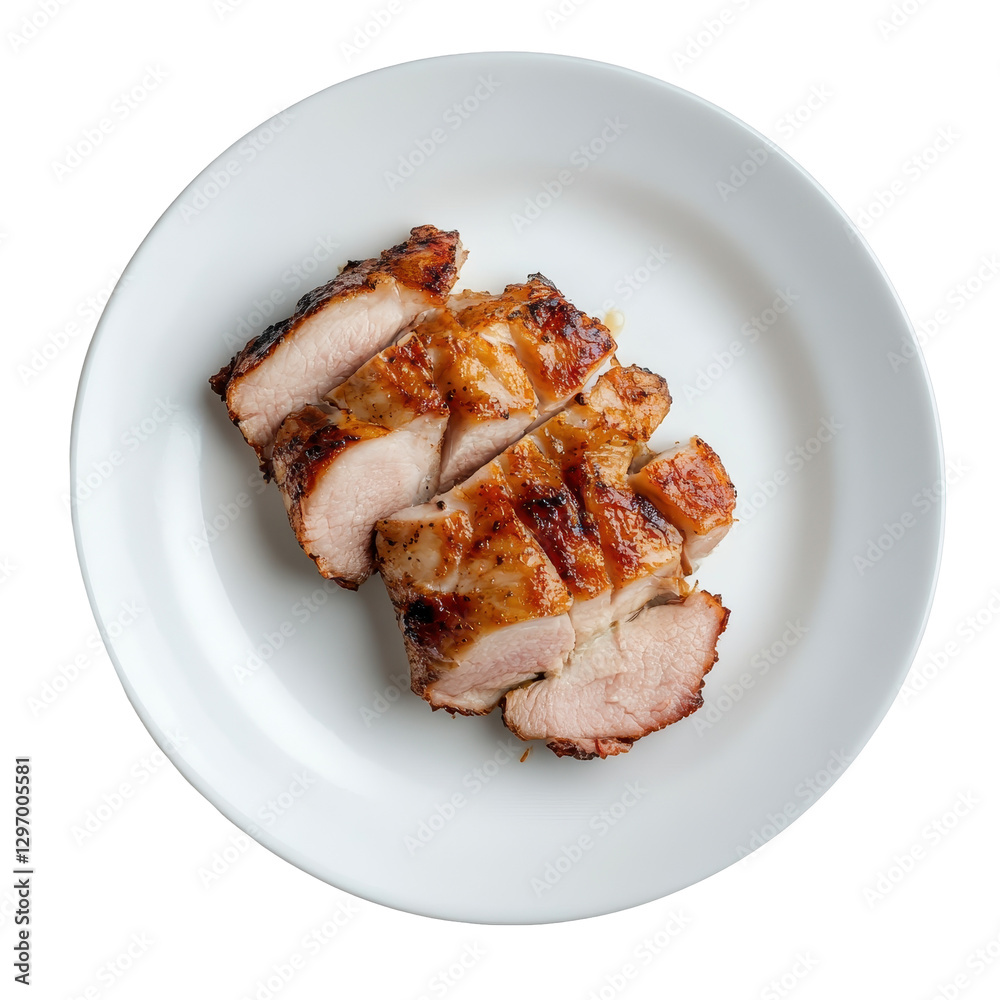 Grilled Chicken Breast Slices on White Plate with Juicy Texture Grilled Chicken Breast Slices on White Plate with Juicy Texture