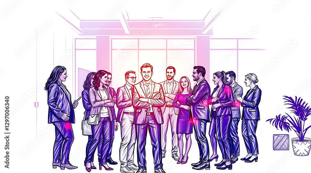Fototapeta premium Collaborative team of business professionals working together in modern office setting, double exposure effect, ideal for corporate and teamwork-themed banner designs