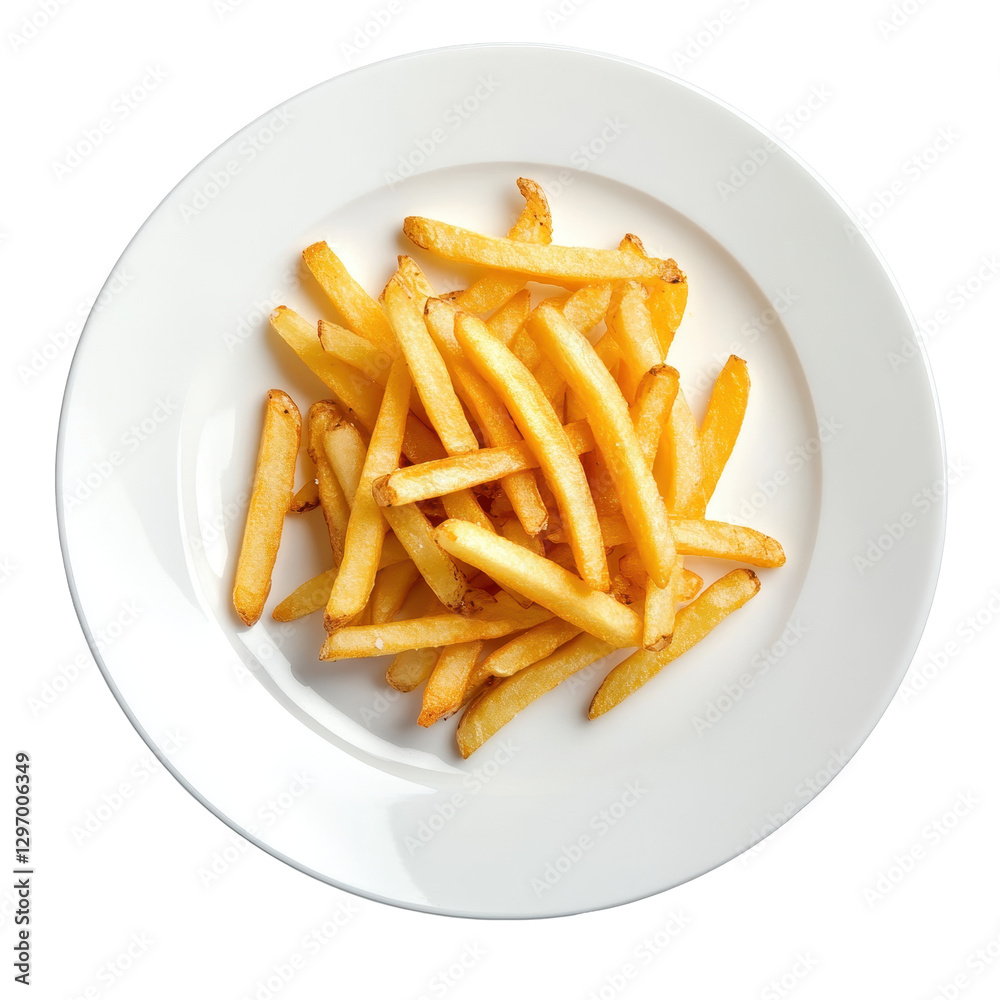 Crisp Golden French Fries on a White Plate Isolated on White Background Crisp Golden French Fries on a White Plate Isolated on White Background