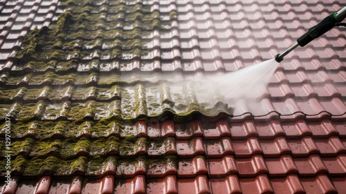 The roof is covered with moss, which is washed under pressure.  The powerful jet of water sprayed by the high-pressure washer is clearly visible, creating fog and small droplets.