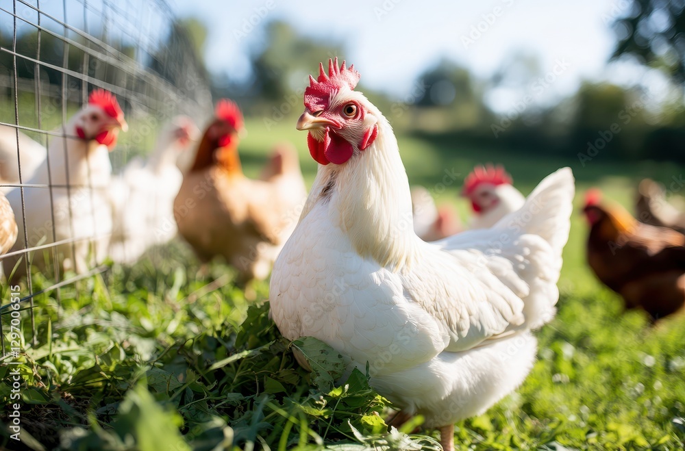 White Chicken in Green Pasture Surrounded by Other Chickens Under Bright Blue Sky on a Sunny Day in a Farmyard Setting White Chicken in Green Pasture Surrounded by Other Chickens Under Bright Blue Sky on a Sunny Day in a Farmyard Setting