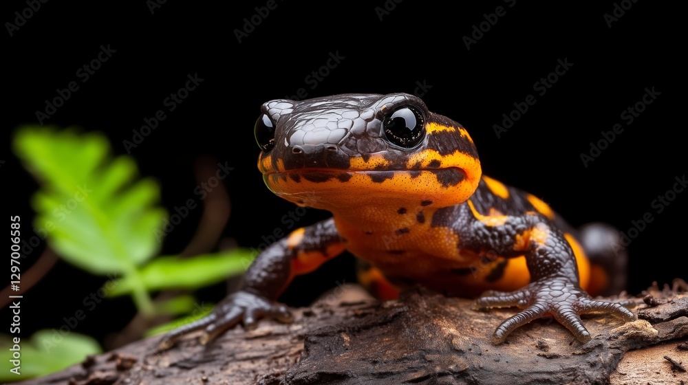 Obraz premium Salamander's Vigil: A striking close-up of a vibrant salamander, its patterned skin gleaming under the soft light, perched on a weathered branch.