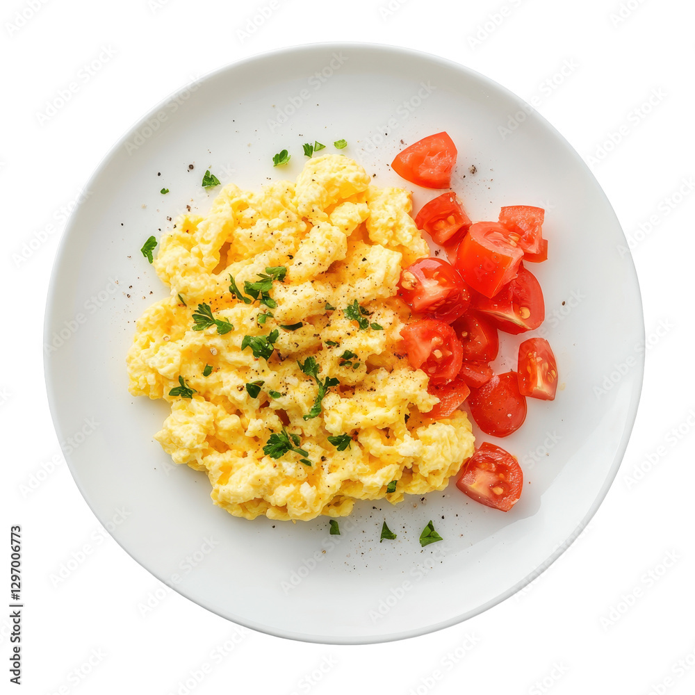 Creamy Scrambled Eggs with Fresh Cherry Tomatoes on a White Plate Creamy Scrambled Eggs with Fresh Cherry Tomatoes on a White Plate
